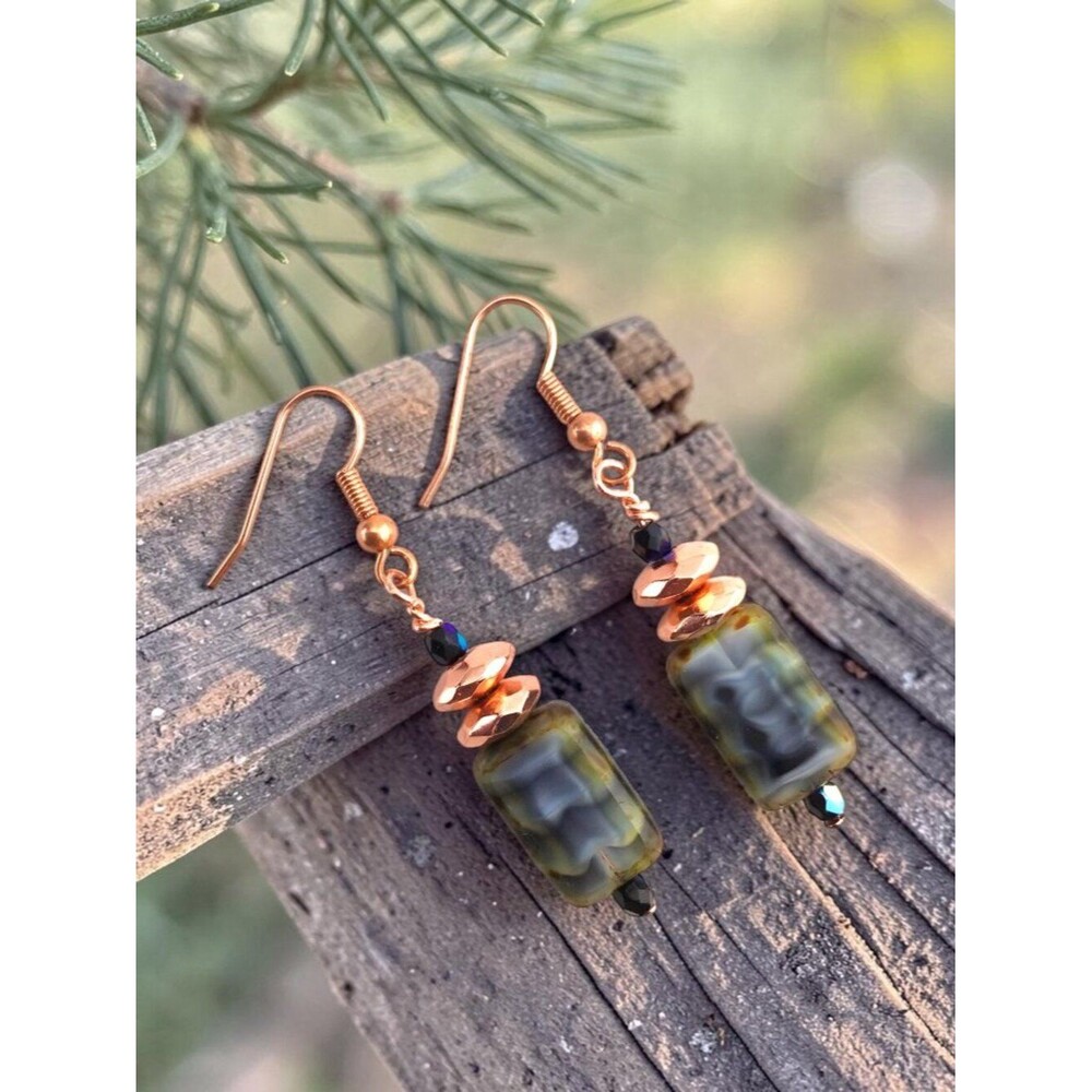 Moss Green Copper Earrings Blue Green Czech Glass Rustic Boho Handmade 2" Drop